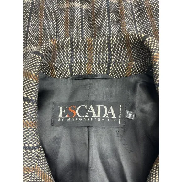 Vintage ESCADA By Margaretha Ley Skirt Suit Womens 36 Brown Plaid Wool Germany - Picture 2 of 11